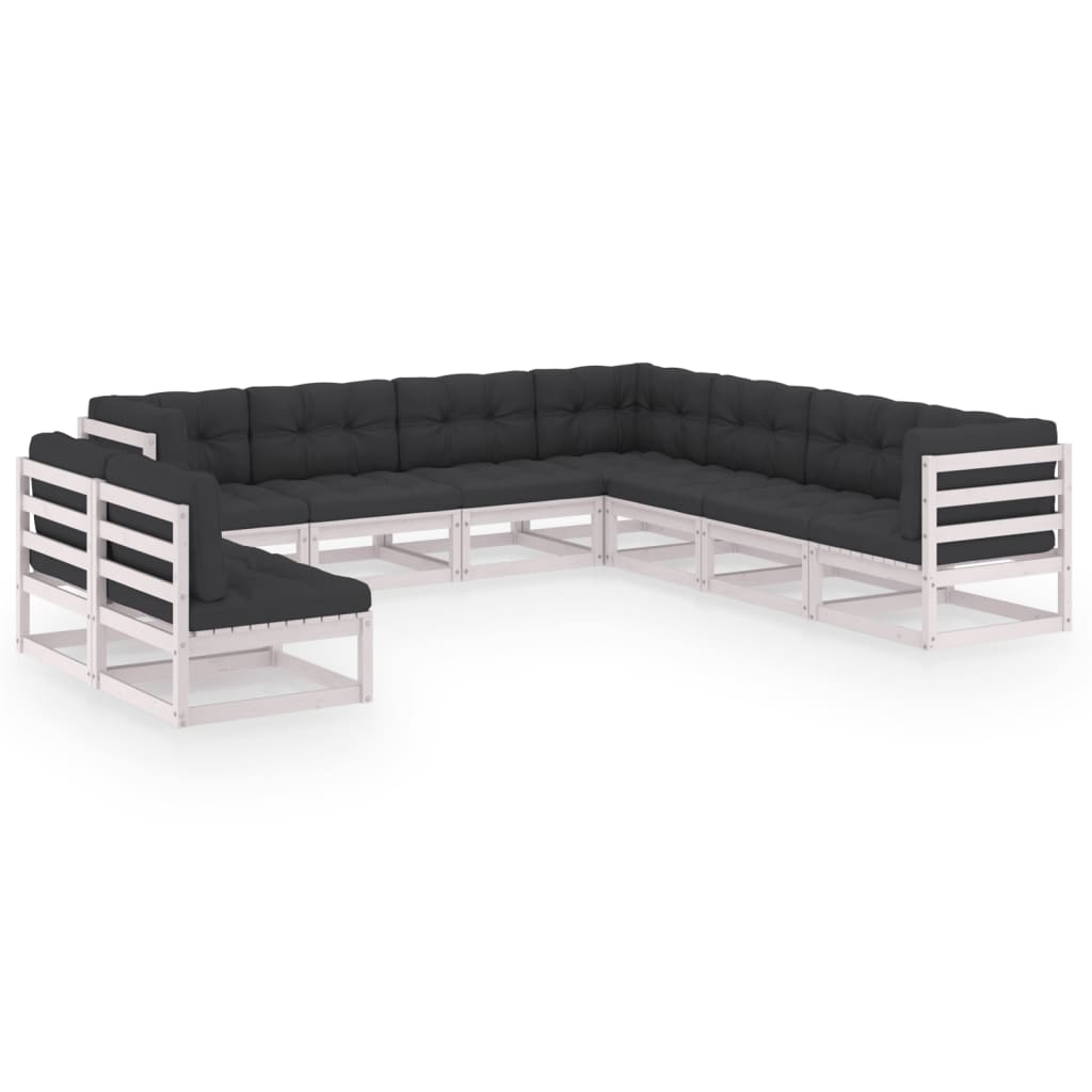 9-tlg. Garten-Lounge-Set mit Kissen Weiss Kiefer Massivholz